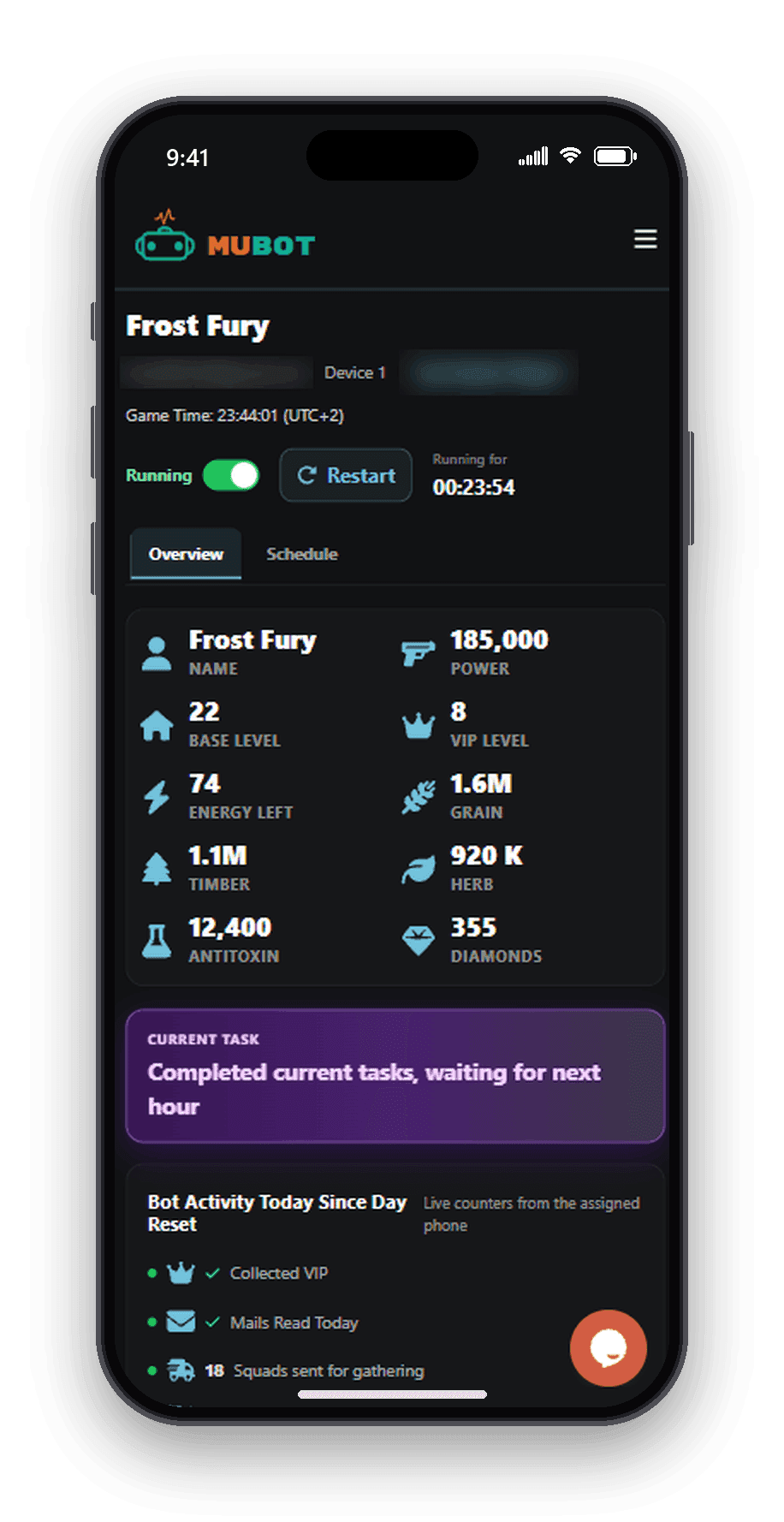 Your account runs 24/7 on real Android with stats as bot plays