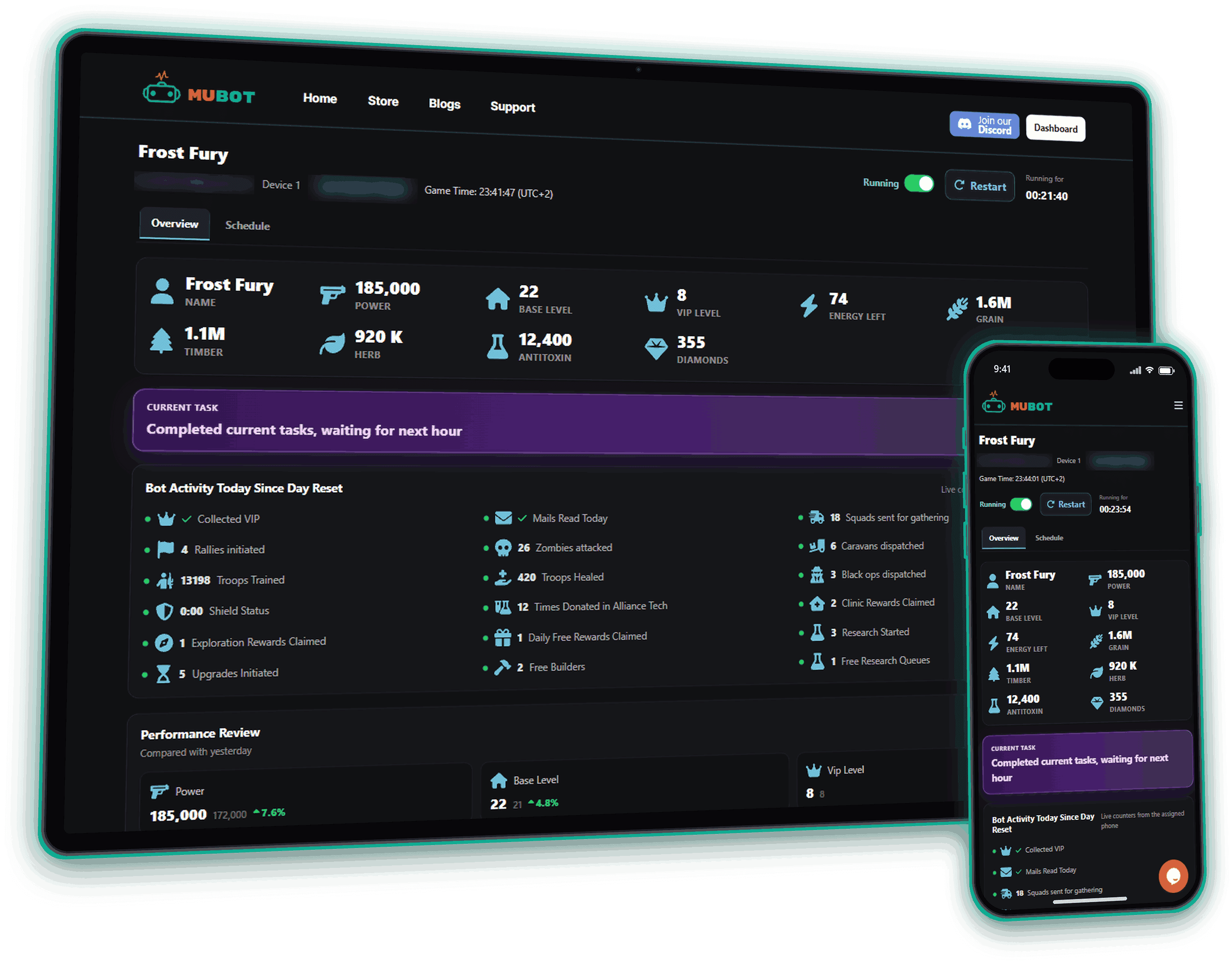Last Asylum Cloud Bot dashboard on tablet and phone