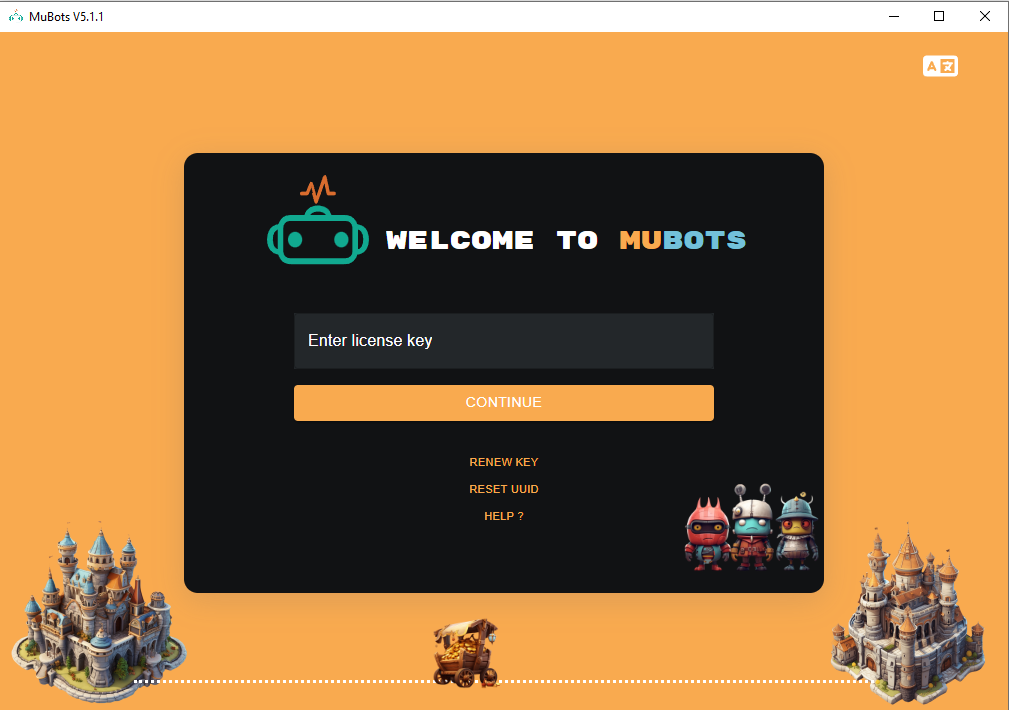 MuBots welcome screen — Enter license key field