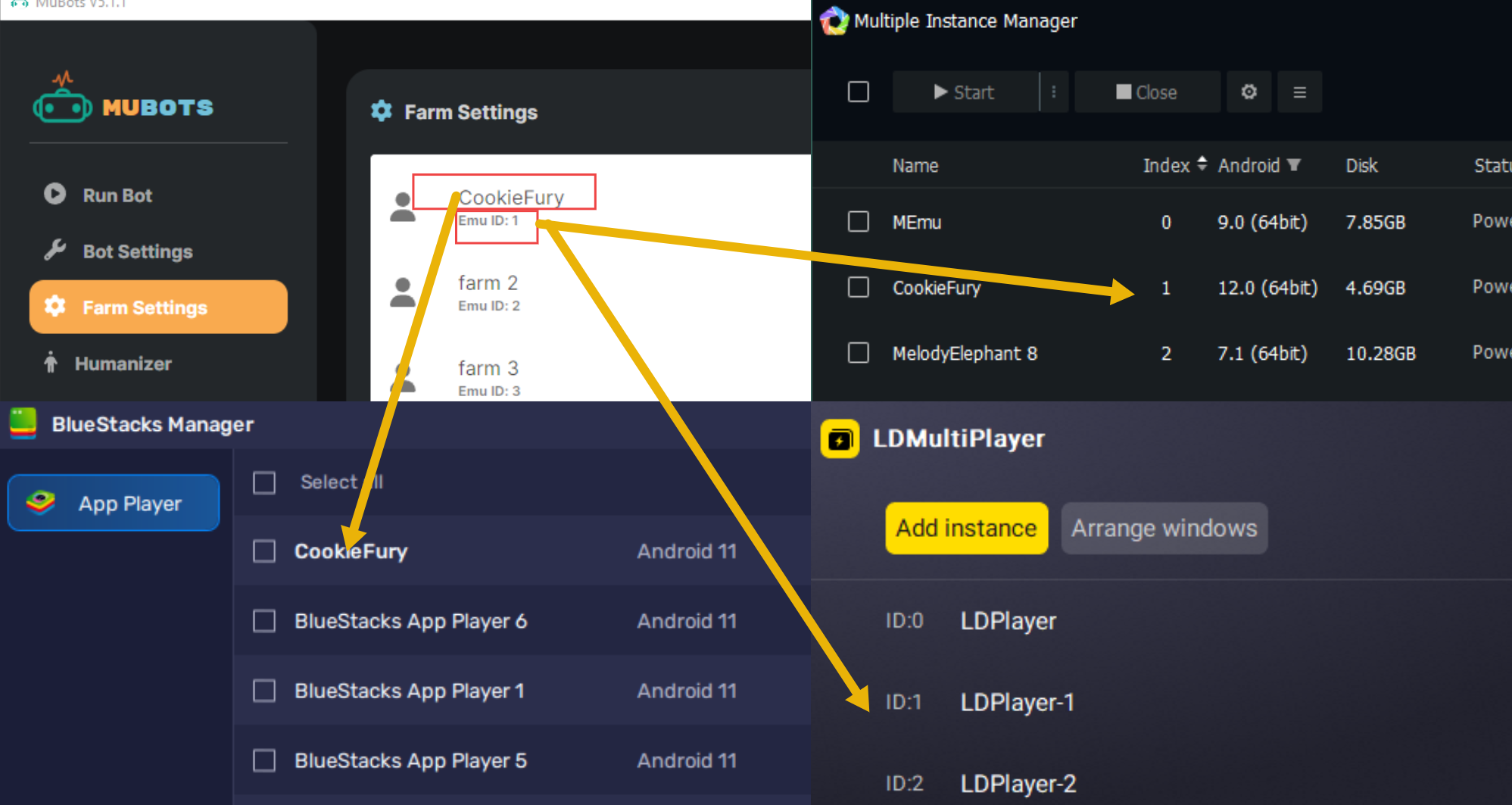 MuBots Farm Settings showing Emu ID mapping to MEmu Index, LDPlayer ID, and BlueStacks instance name