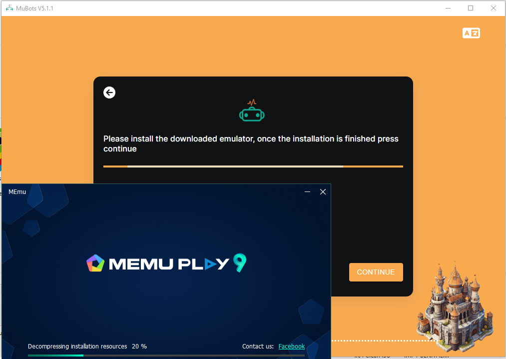 MuBots — install emulator screen with MEmu installer running in the background