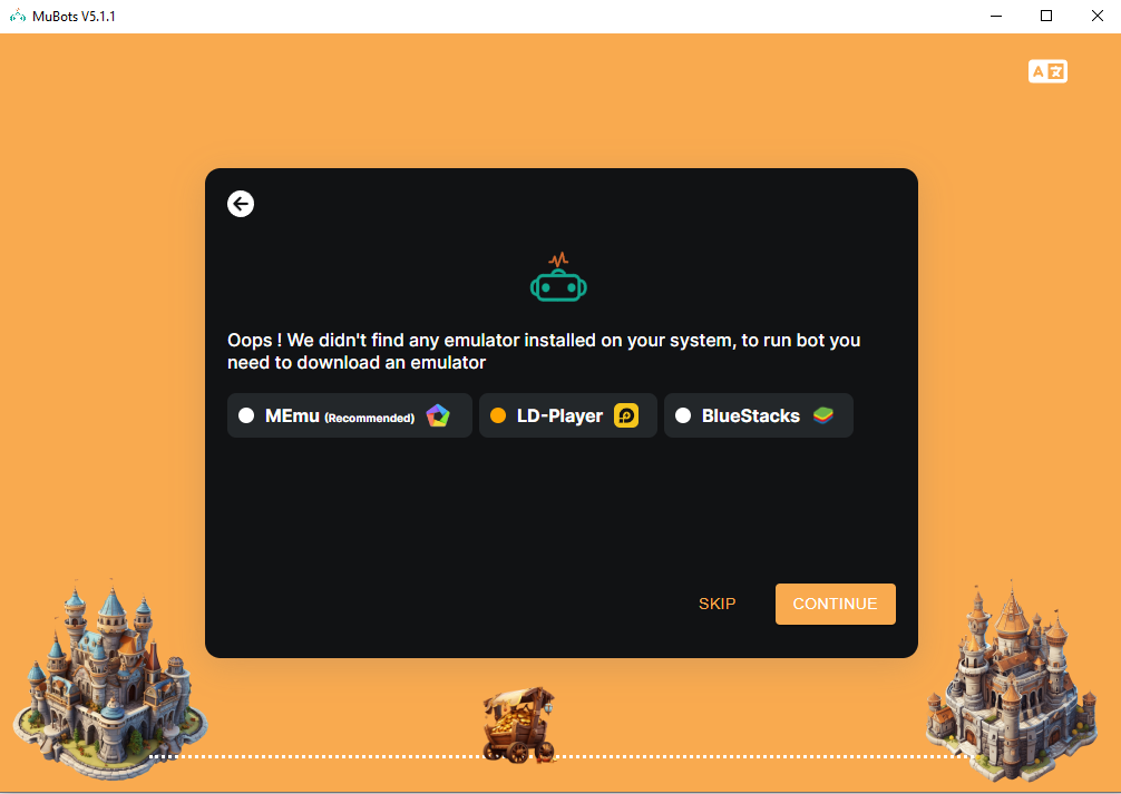 MuBots — emulator selection screen showing MEmu (Recommended), LD-Player, BlueStacks