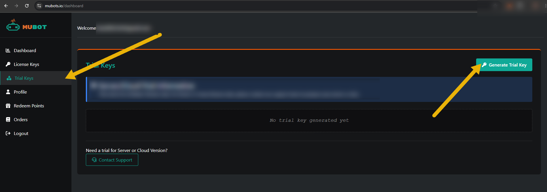 MuBots Dashboard — Trial Keys page with Generate Trial Key button