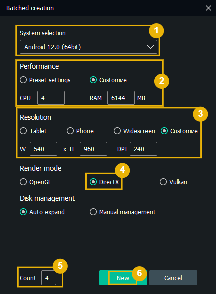 MEmu Batched Create — Android 12, DirectX, 540 × 960 × 240