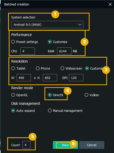 MEmu Batched Create โ Android 9, DirectX, 400 ร 652 ร 120