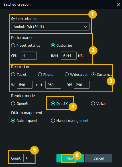 MEmu Batched Create — Android 9, DirectX, 540 × 960 × 240
