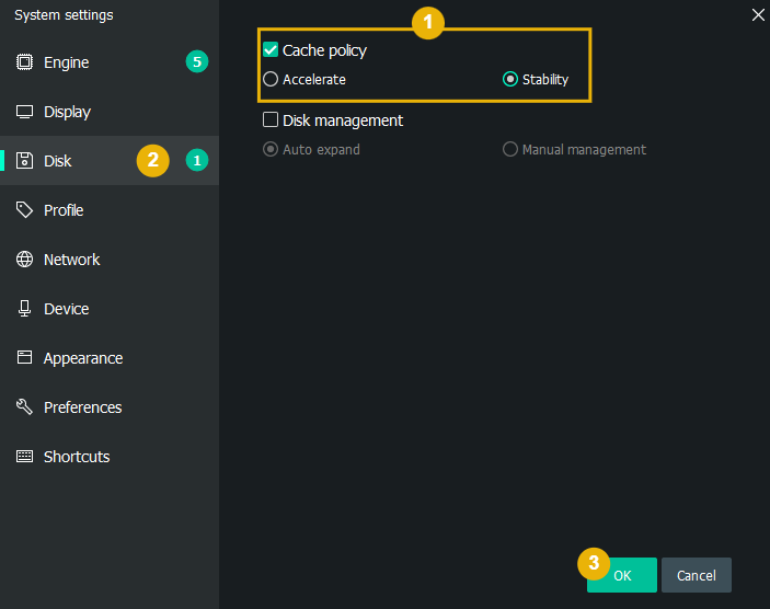 MEmu Disk tab — Cache Policy set to Stable