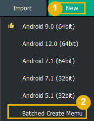MEmu New dropdown — step 1 New, step 2 Batched Create MEmu