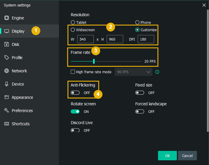 MEmu Display tab — resolution Width: 540 · Height: 960 · DPI: 240