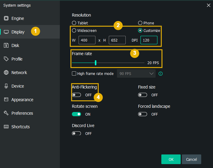 MEmu Display tab โ resolution Width: 400 ยท Height: 652 ยท DPI: 120
