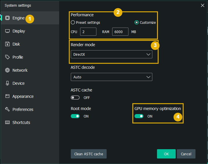 MEmu Engine tab — DirectX render mode