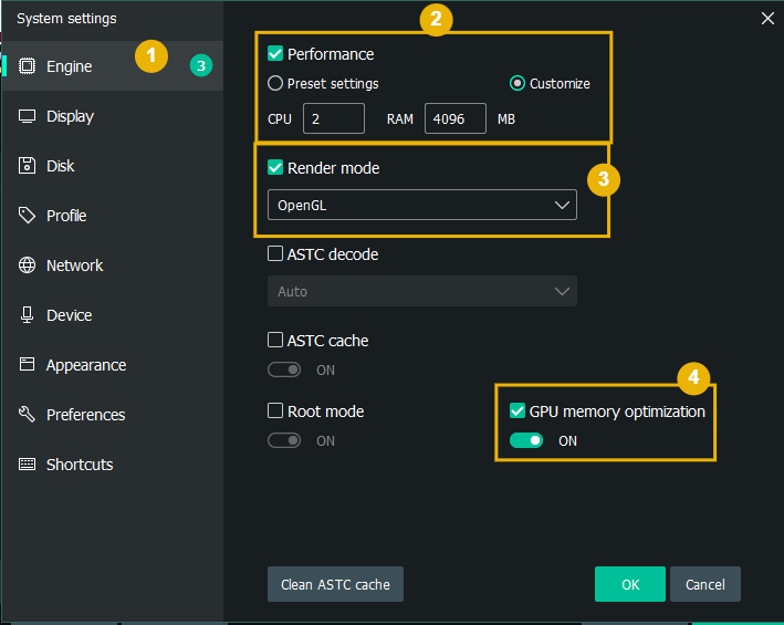 MEmu Engine tab โ OpenGL render mode