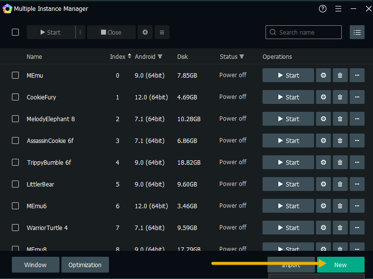 Multi-MEmu Multiple Instance Manager showing the New button