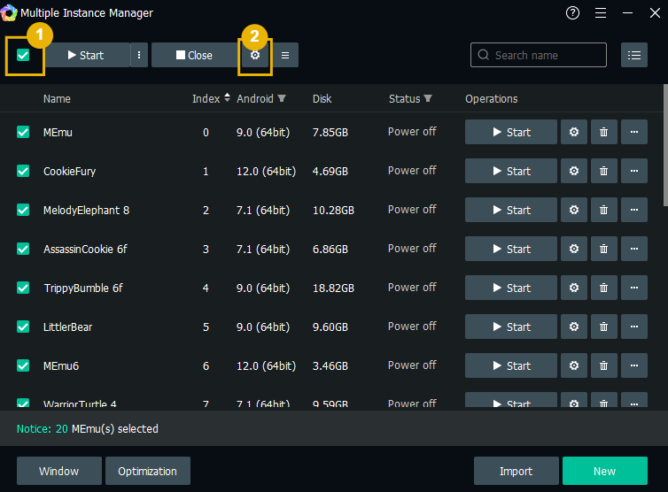 Multi-MEmu — select all instances then click the Settings gear icon